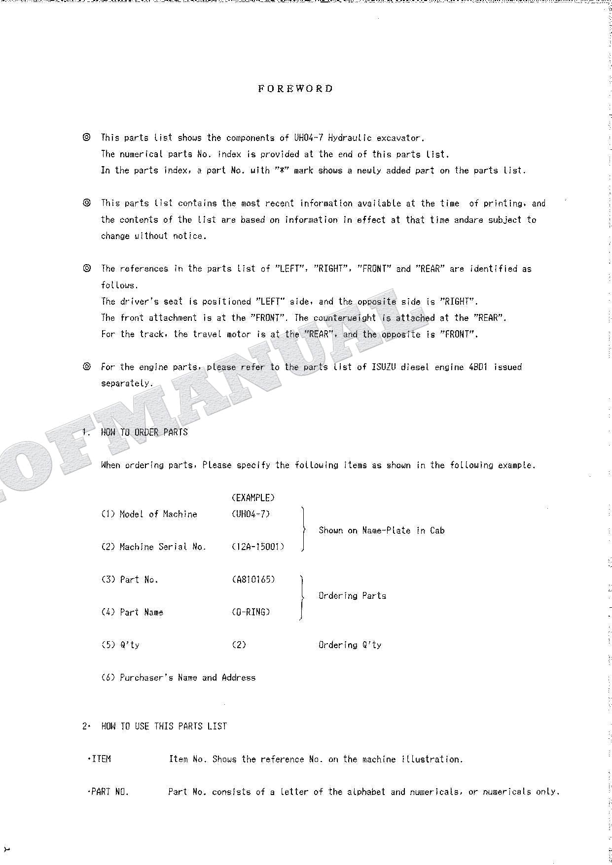 HITACHI UH04-7 Excavator Parts Catalog Manual P12A-1-4