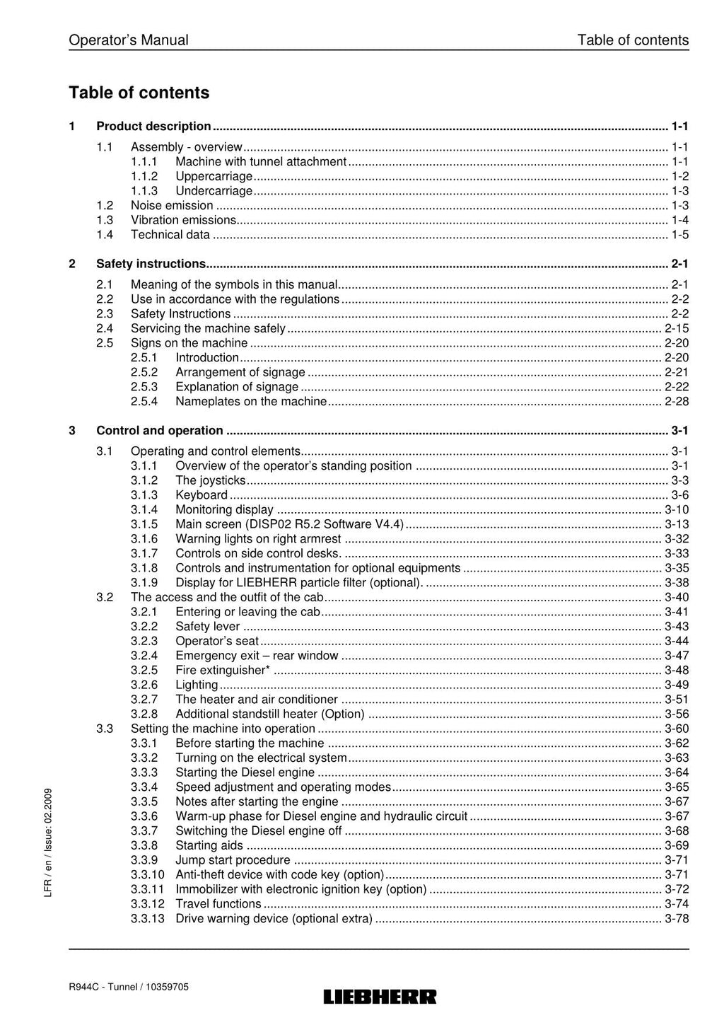 Liebherr R944 C Tunnel Excavator Operators manual serial 22915