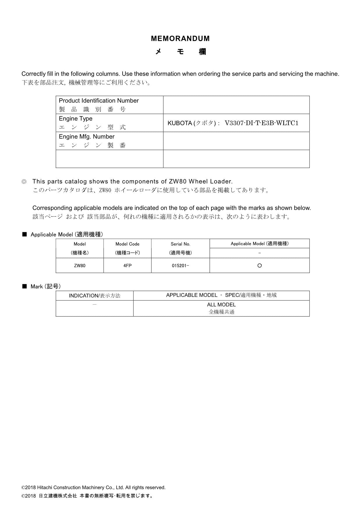 Hitachi ZW80 North America Spec Wheel Loader Parts Catalog Manual SN 015201-up