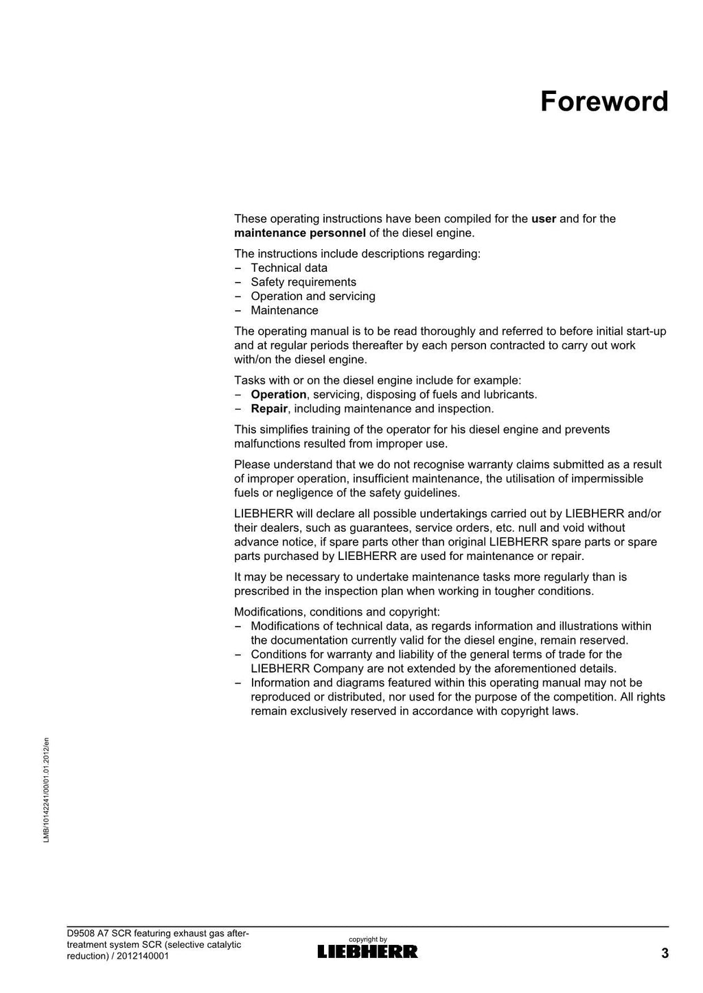 Liebherr D9508 A7 SCR featuring exhaust gas SCR engine Operators manual