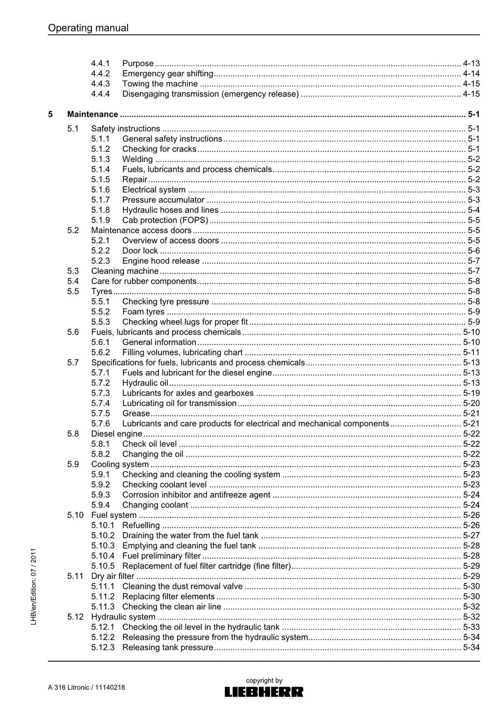 Liebherr A316 Litronic Excavator Operators manual