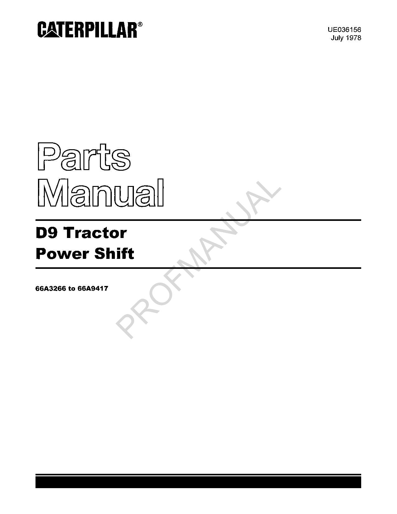 Caterpillar Cat D9 Tractor Parts Catalog Manual ser 66A3266 To 66A9417