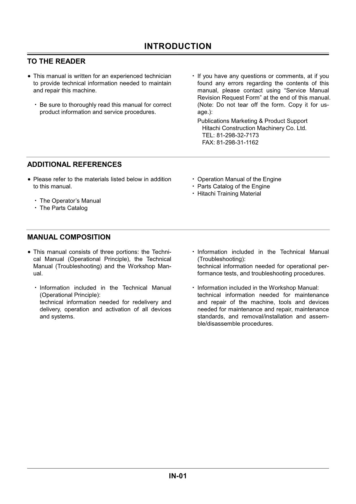 HITACHI ZX160LC ZX180LC ZX180LCN Excavator Operational Principl Technical Manual