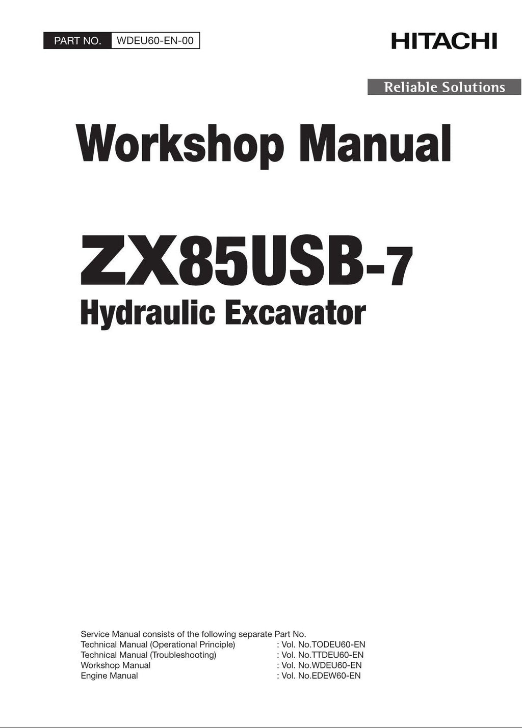 HITACHI ZAXIS ZX85USB-7 Excavator Workshop Service Manual WDEU60-EN-00