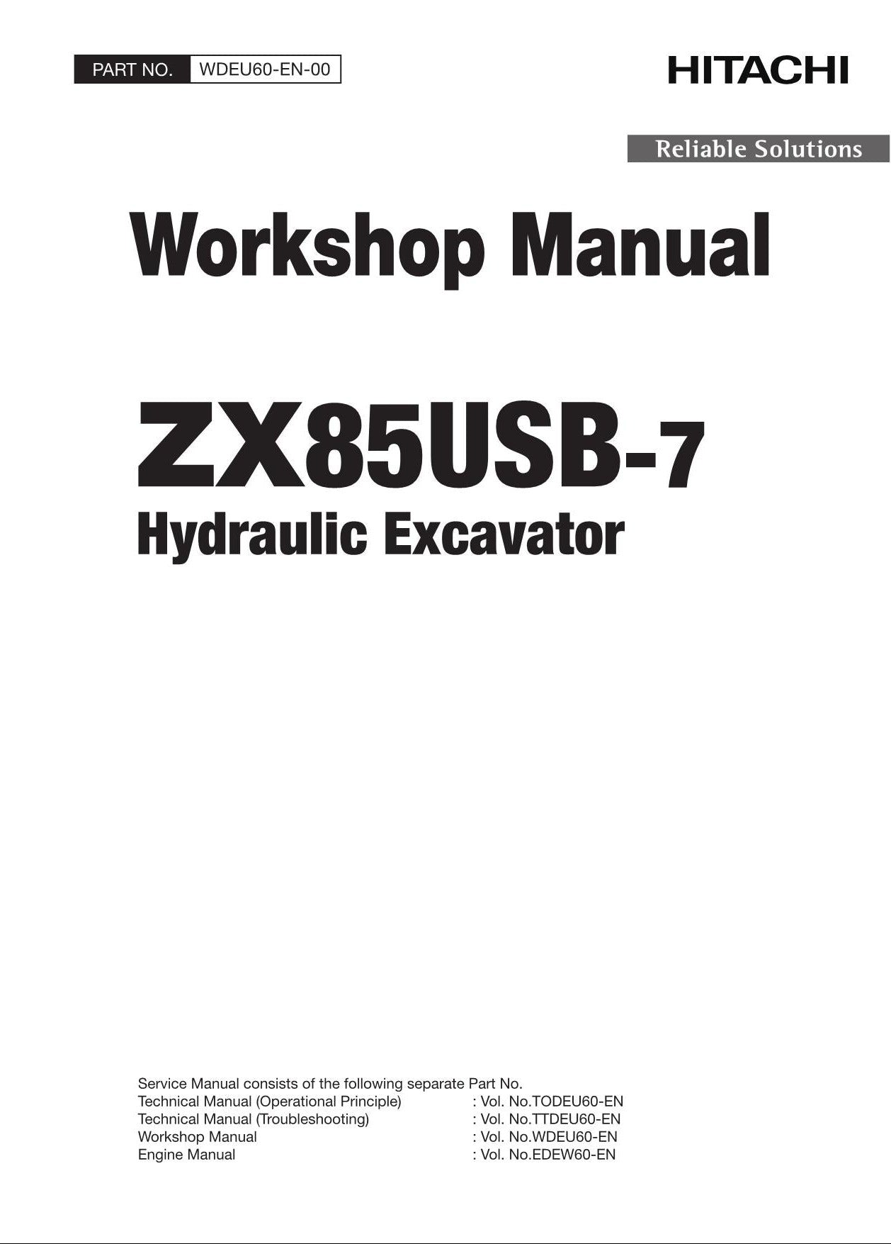 HITACHI ZAXIS ZX85USB-7 Excavator Workshop Service Manual WDEU60-EN-00