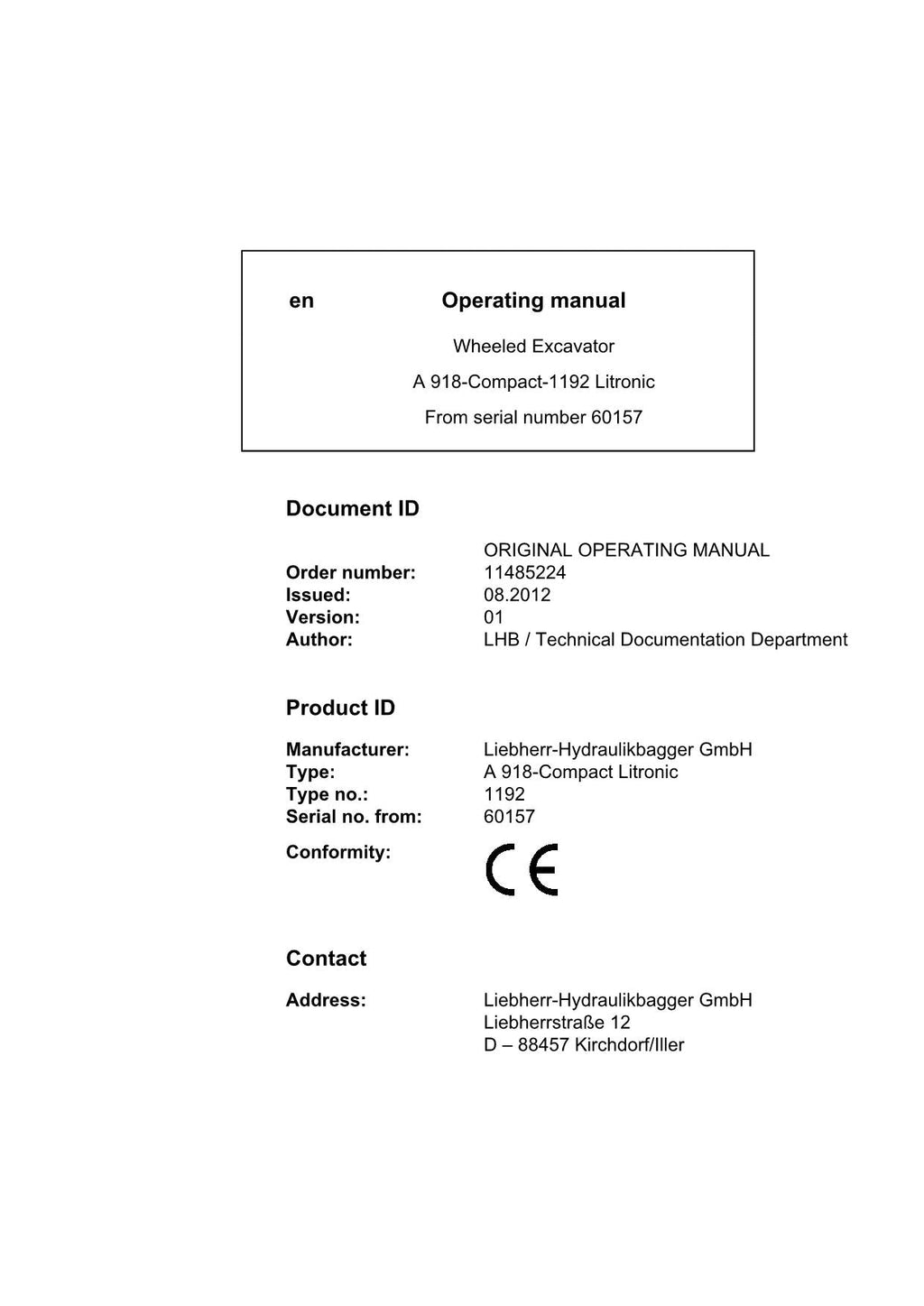 Liebherr A918-Compact-1192 Litronic Excavator Operators manual