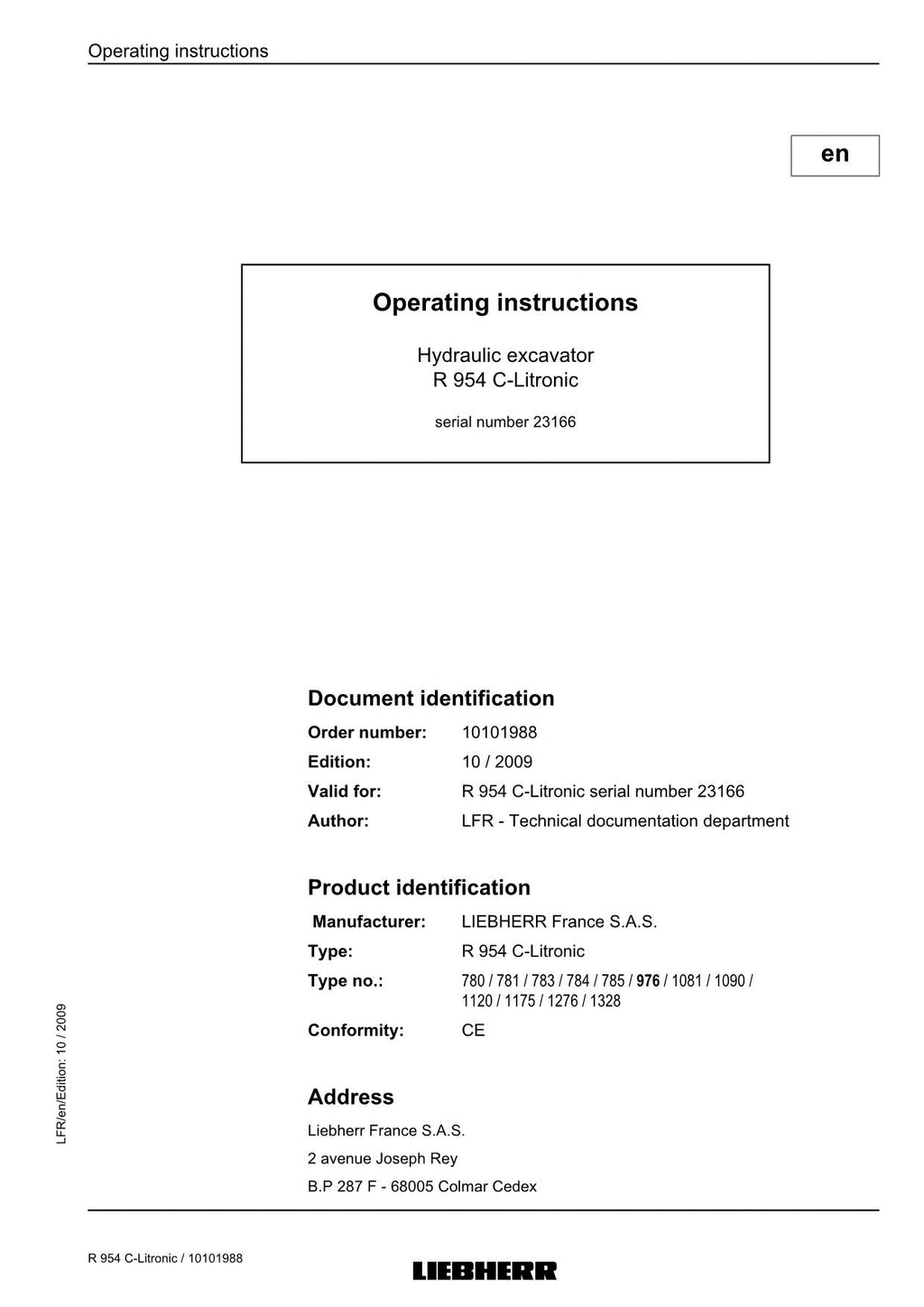 Liebherr R954 C Litronic Excavator Operators manual serial 23166