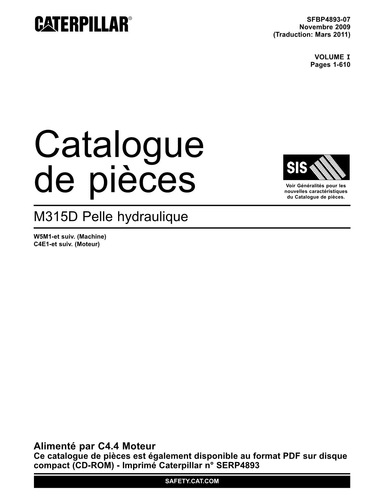 Caterpillar M315D Pelle hydraulique Manuel de catalogue de pièces