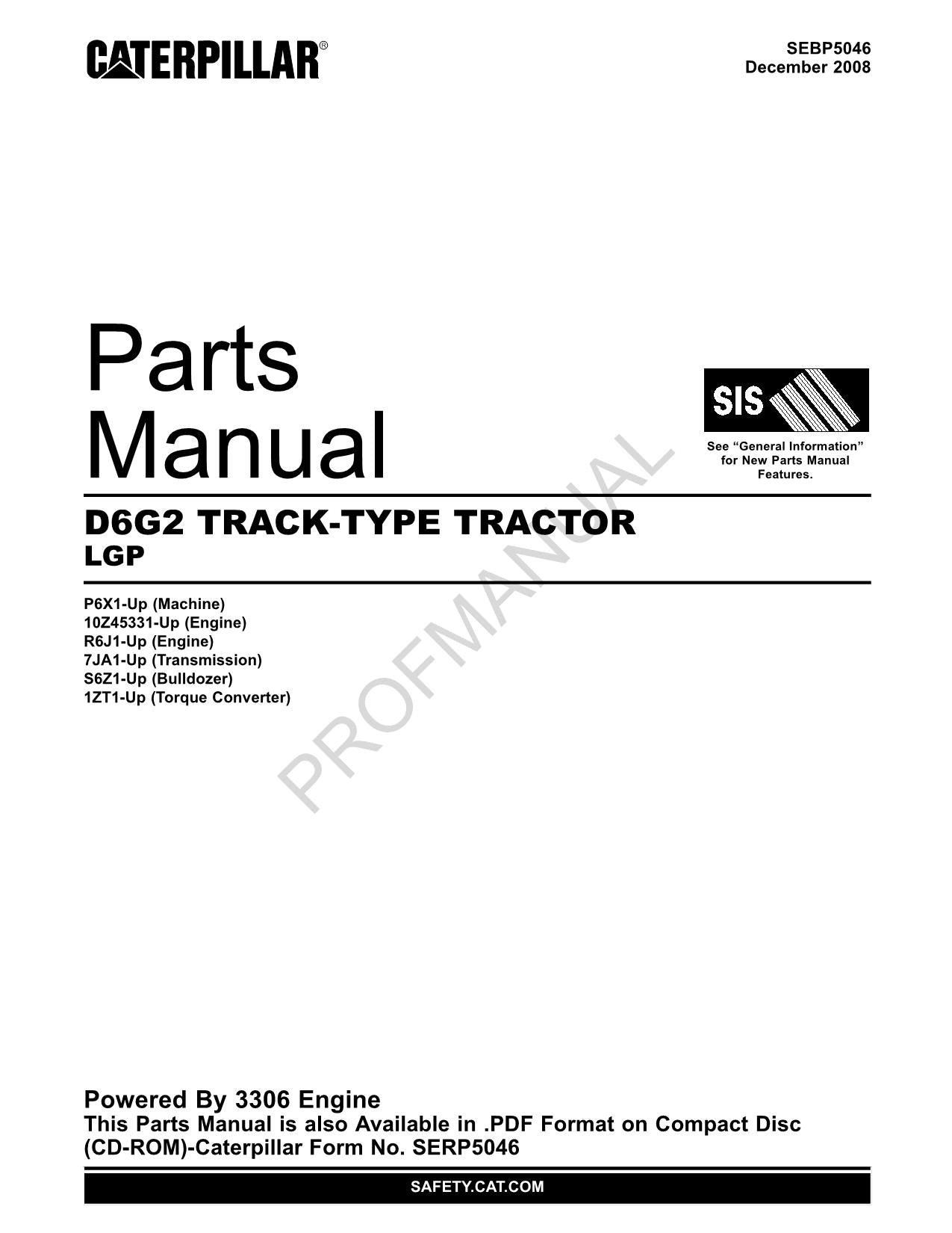 Caterpillar Cat D6G2 Track Type Tractor LGP Parts Catalog Manual SEBP5046