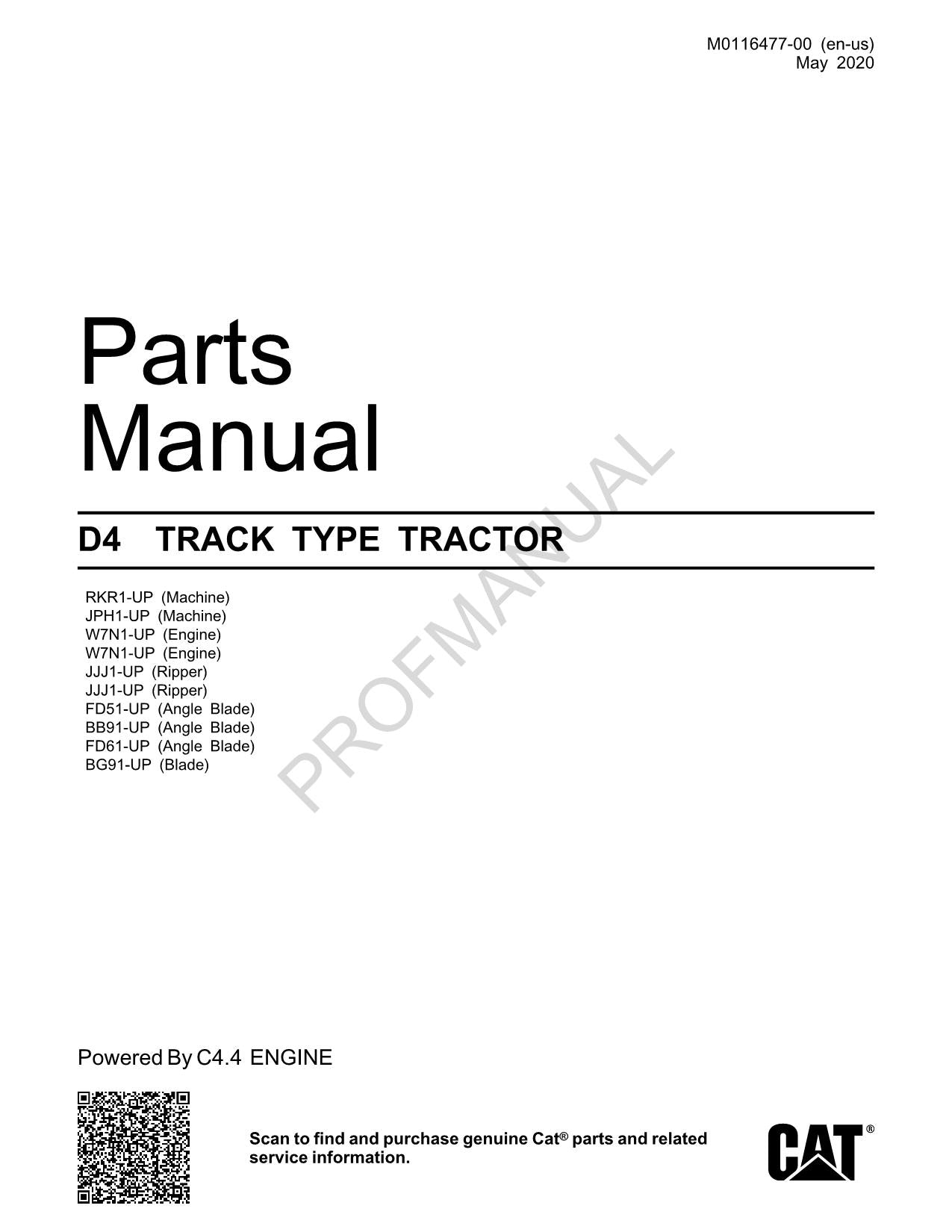 Caterpillar Cat D4 TRACK TYPE TRACTOR Parts Catalog Manual M0116477
