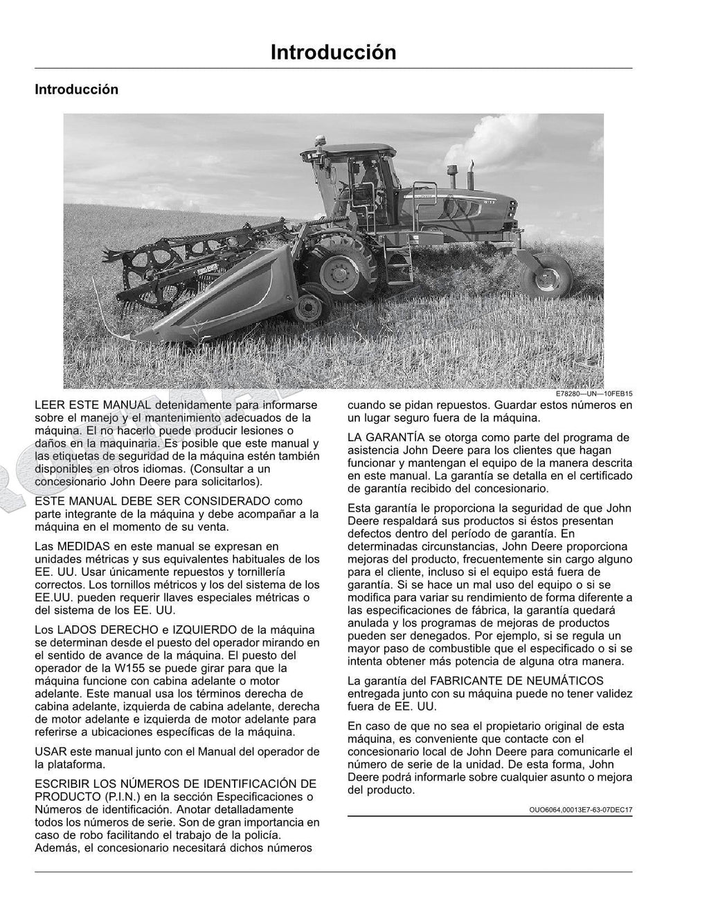 John Deere W155 hileradora Manual del Operador Español