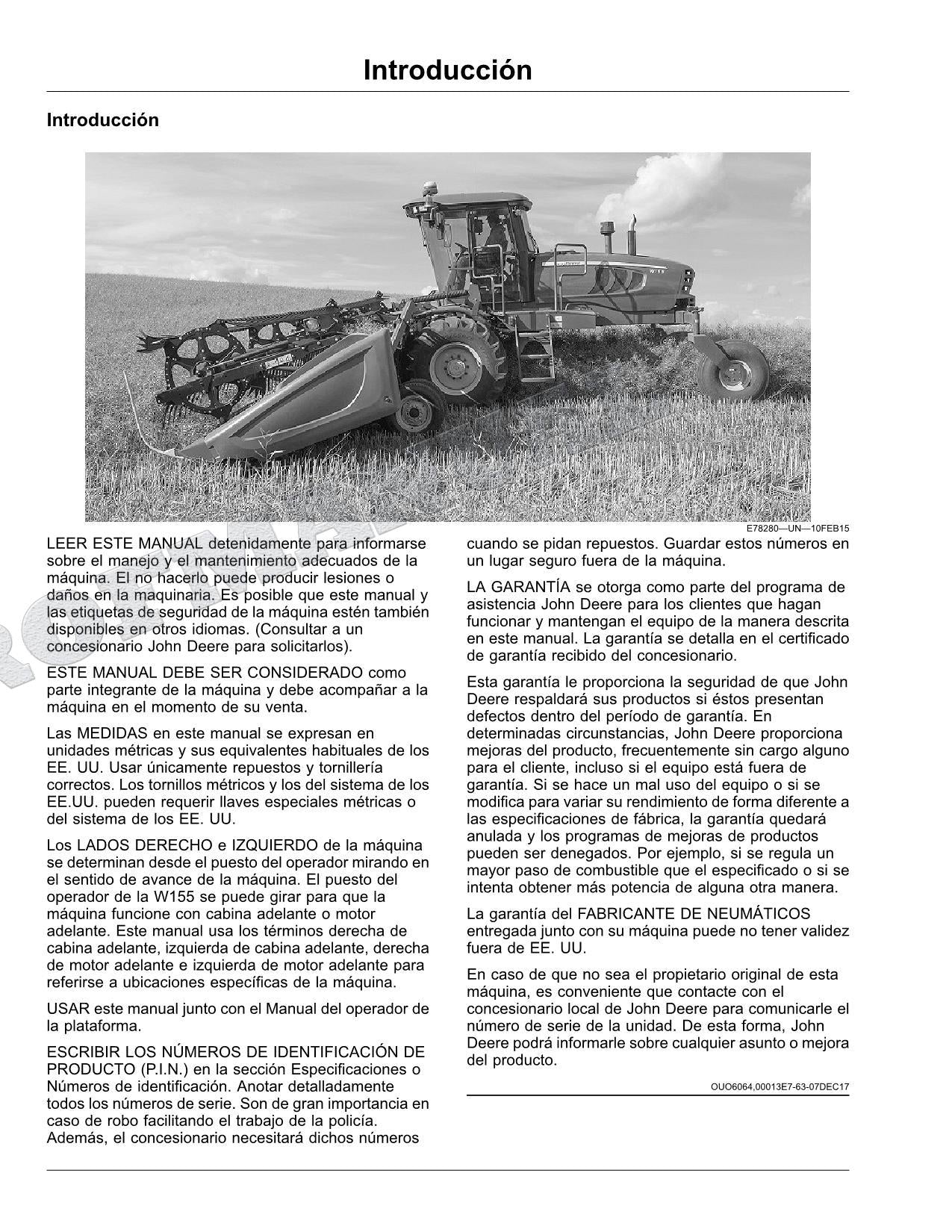 John Deere W155 hileradora Manual del Operador Español