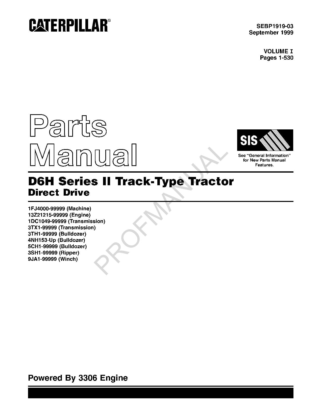 Caterpillar Cat D6H Ser 2 Track Type Tractor Parts Catalog Manual SEBP1919