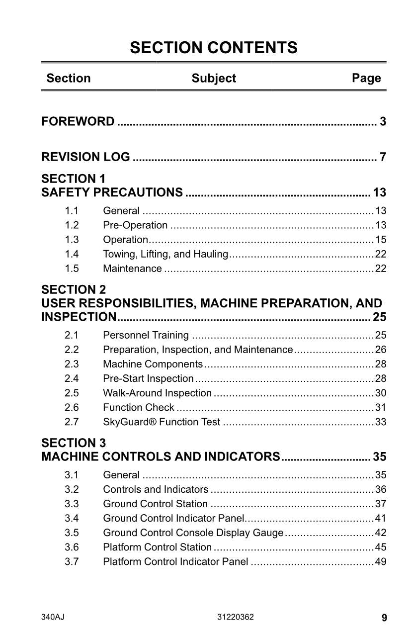 Manual del operador de mantenimiento y operación de la plataforma elevadora JLG 340AJ 31220362