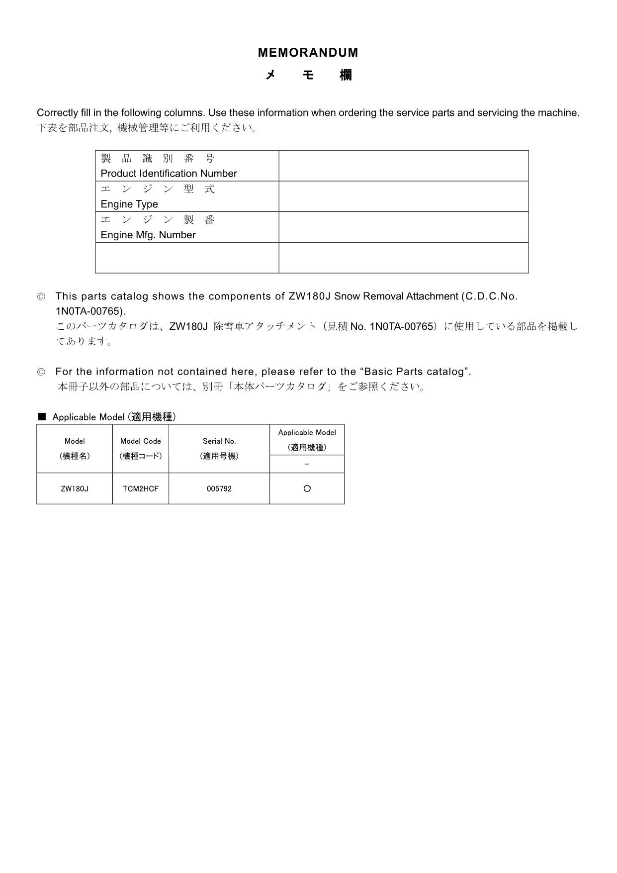 Hitachi ZW180J No.1N0TA-00765 Wheel Loader Parts Catalog Manual SN 005792