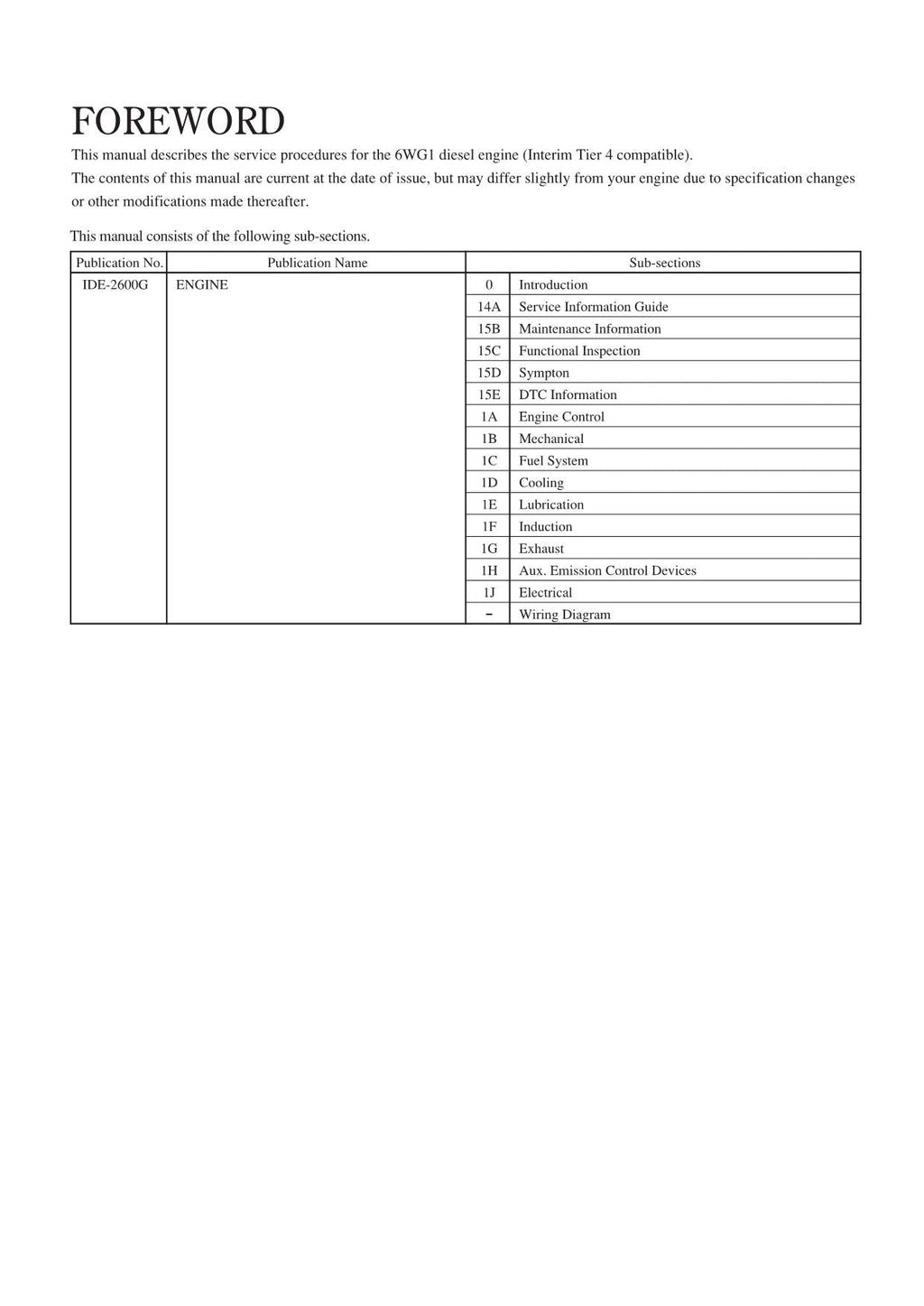 Hitachi 6WG1 Interim Tier 4 Compatible Wheel Loader Engine Manual