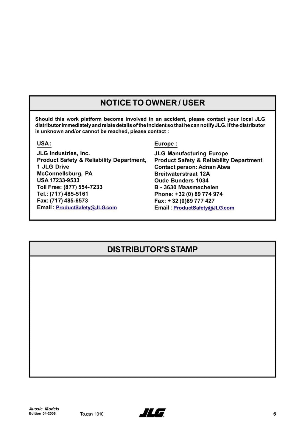 TOUCAN 1010 Vertical Lift Maintenance Operation Operators Manual