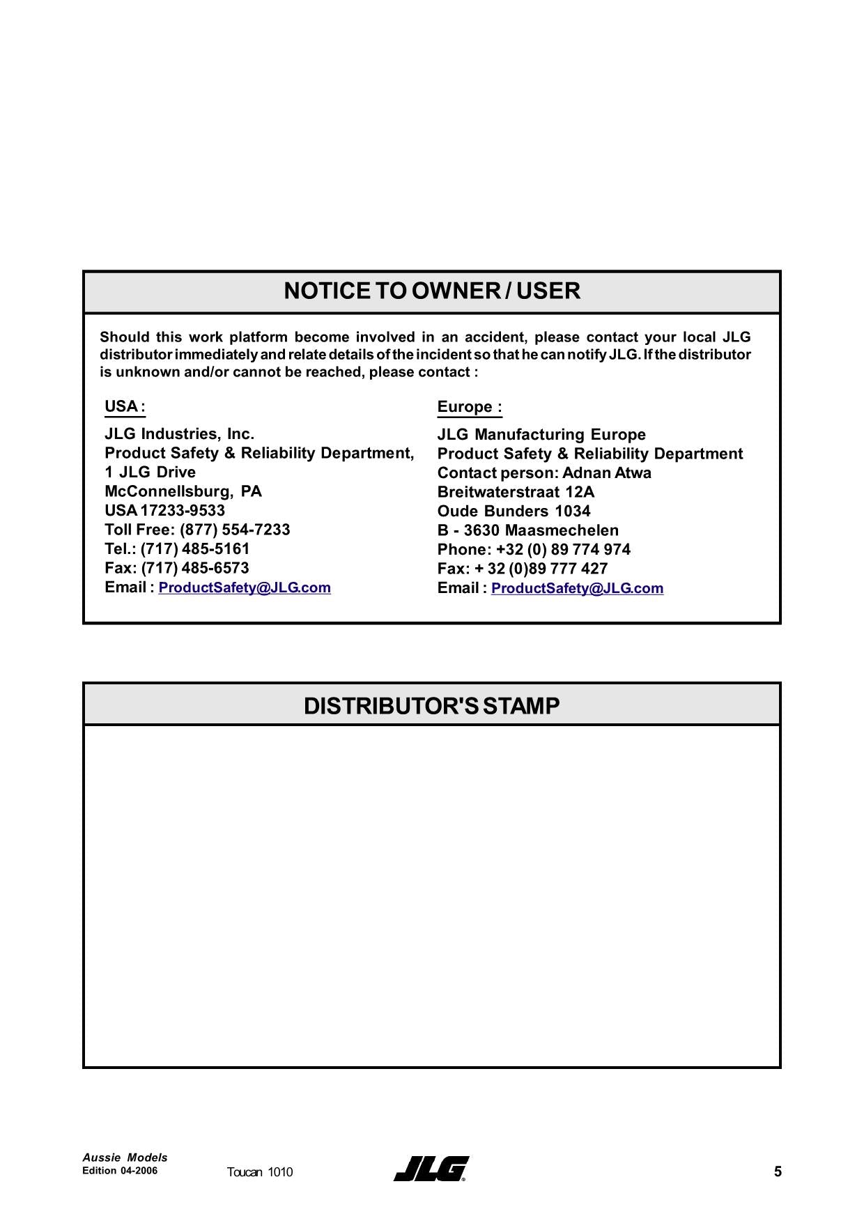 TOUCAN 1010 Vertical Lift Maintenance Operation Operators Manual