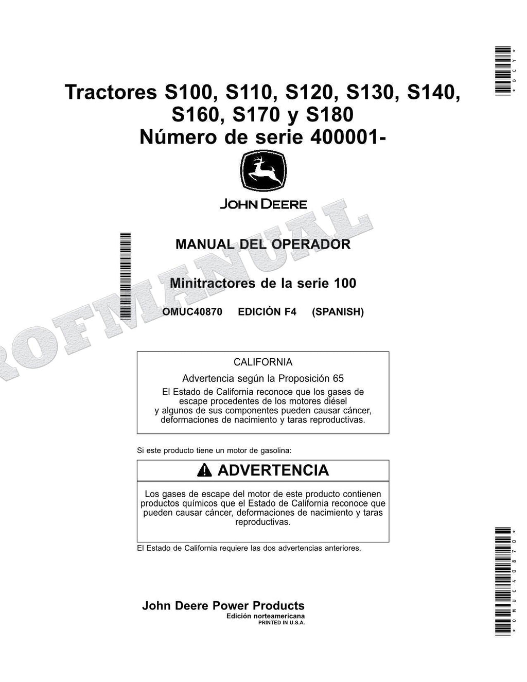 John Deere S100 S110 S120 S130 S140 S160 S170 S180 Tractor Manual del Operador