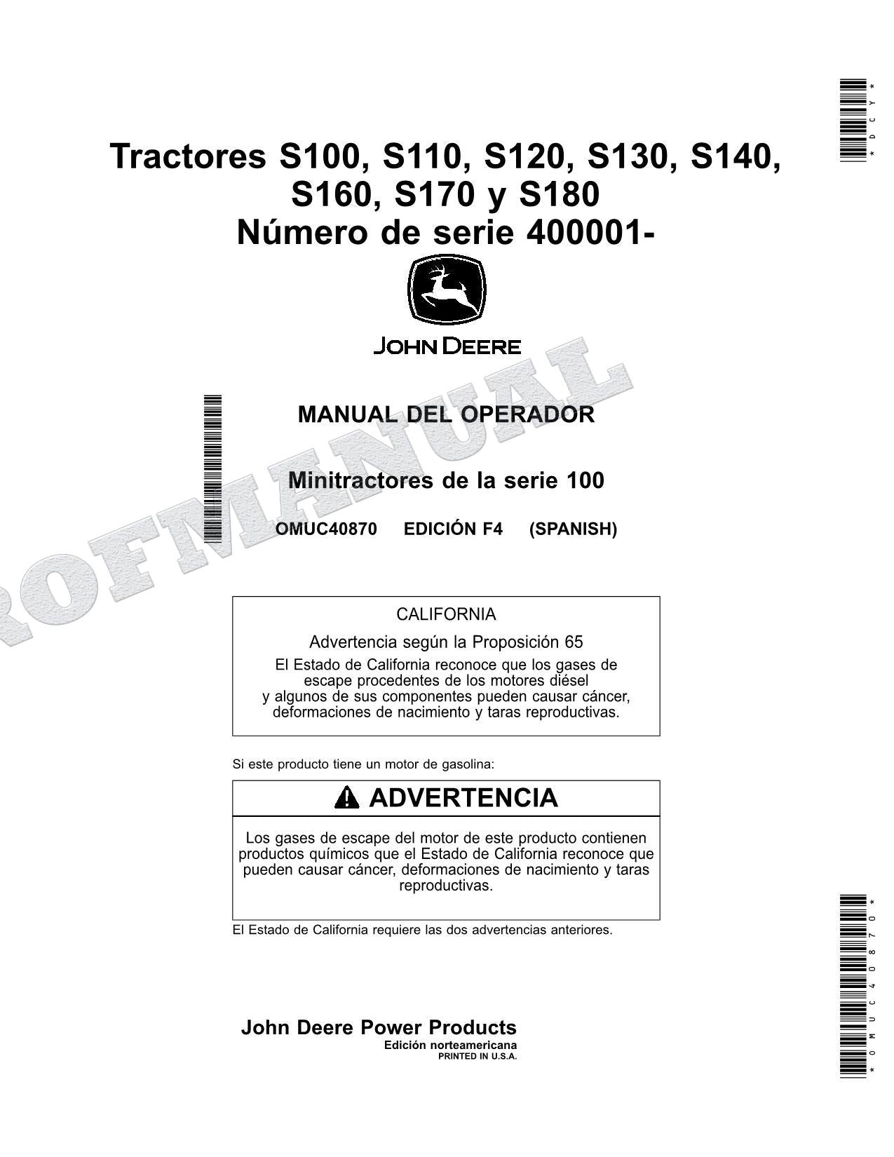 John Deere S100 S110 S120 S130 S140 S160 S170 S180 Tractor Manual del Operador