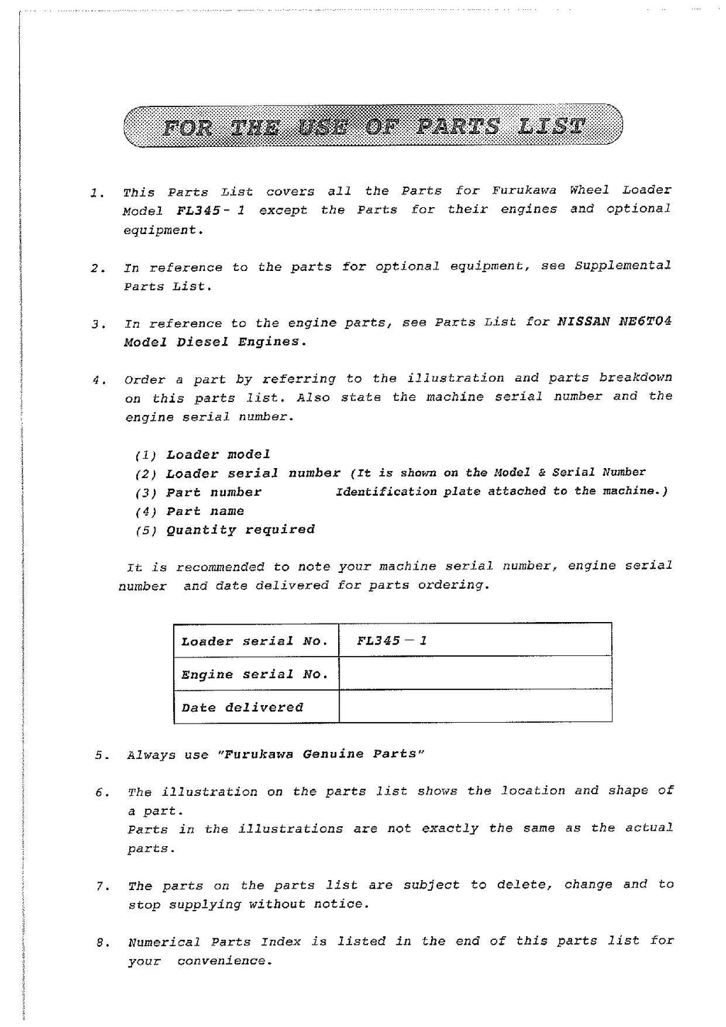 Hitachi FL345-1 Wheel Loader Parts Catalog Manual SN all