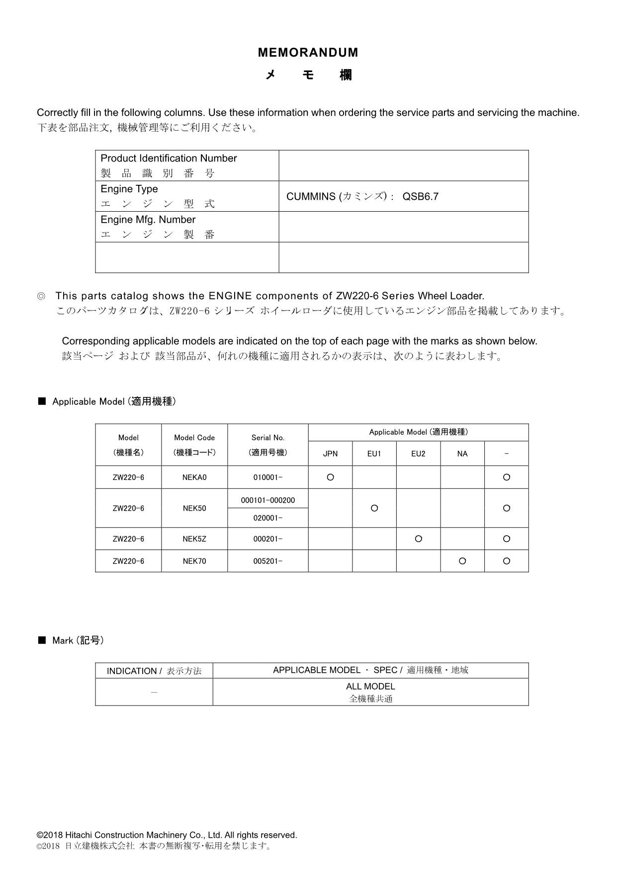Hitachi ZW220-6 CUMMINS QSB6.7 Engine Wheel Loader Parts Catalog Manual