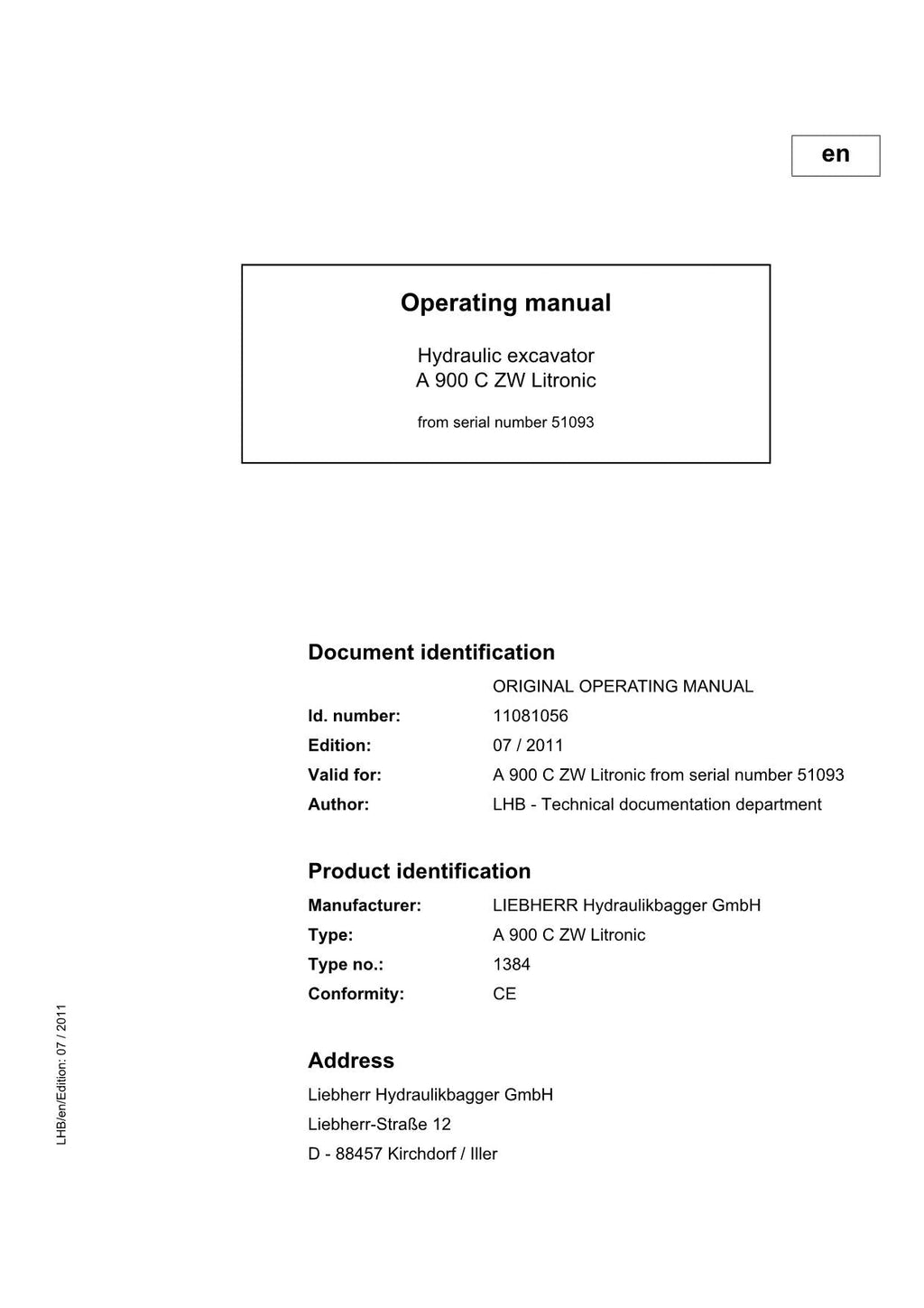 Liebherr A900 C ZW Litronic Excavator Operators manual serial 51093