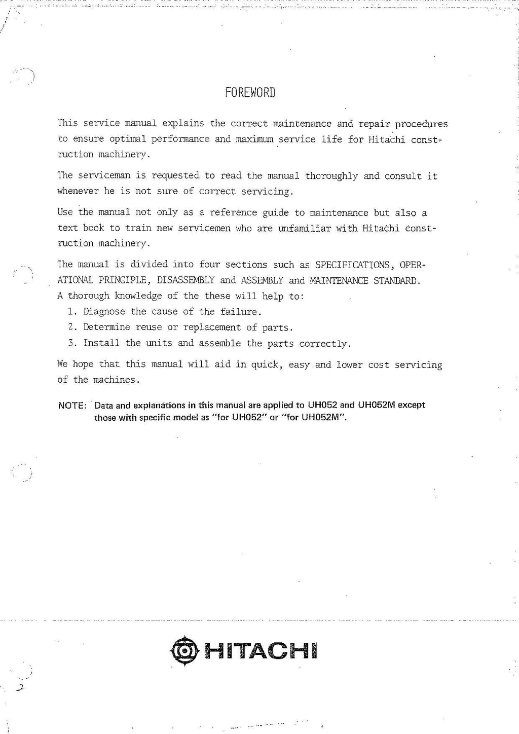 HITACHI UH052 Excavator Service Manual