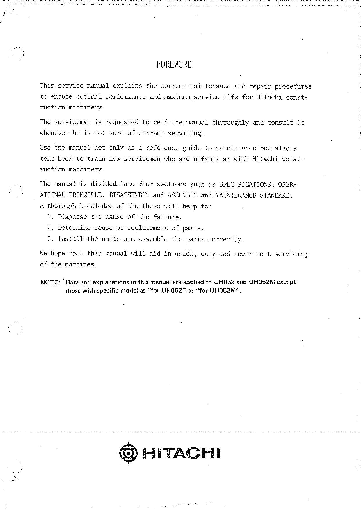 HITACHI UH052 Excavator Service Manual