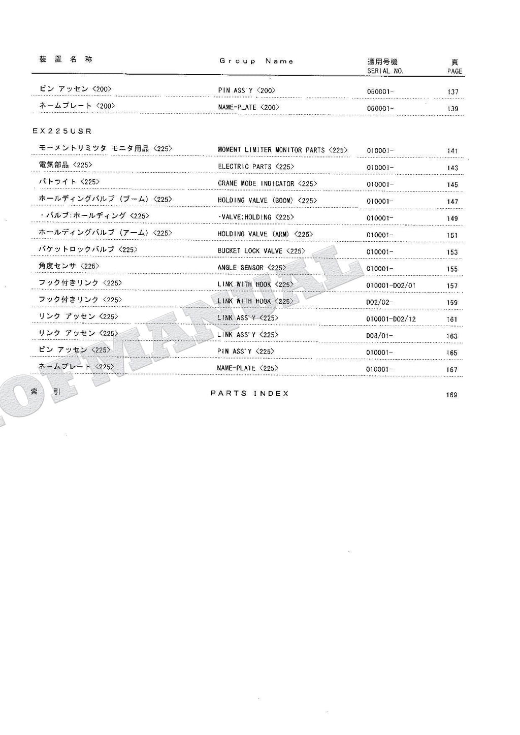 HITACHI EX60-5 EX75US-5 EX100-5 ML Light Crane Excavator Parts Catalog Manual