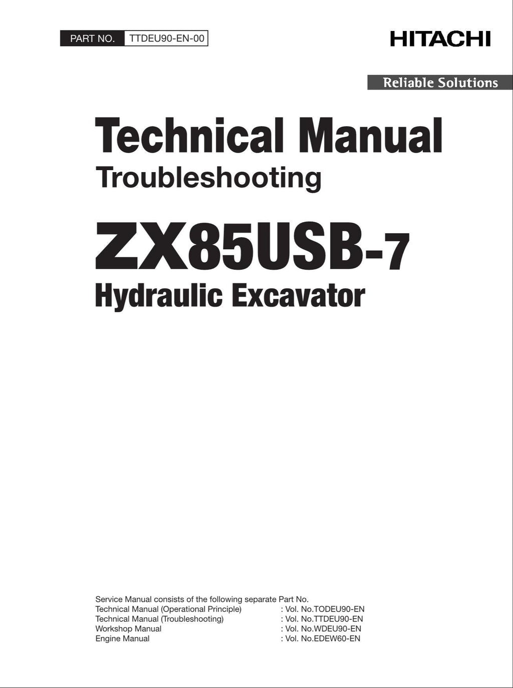 HITACHI ZAXIS ZX85USB-7 Excavator Troubleshooting Technical Manual TTDEU90-EN-00