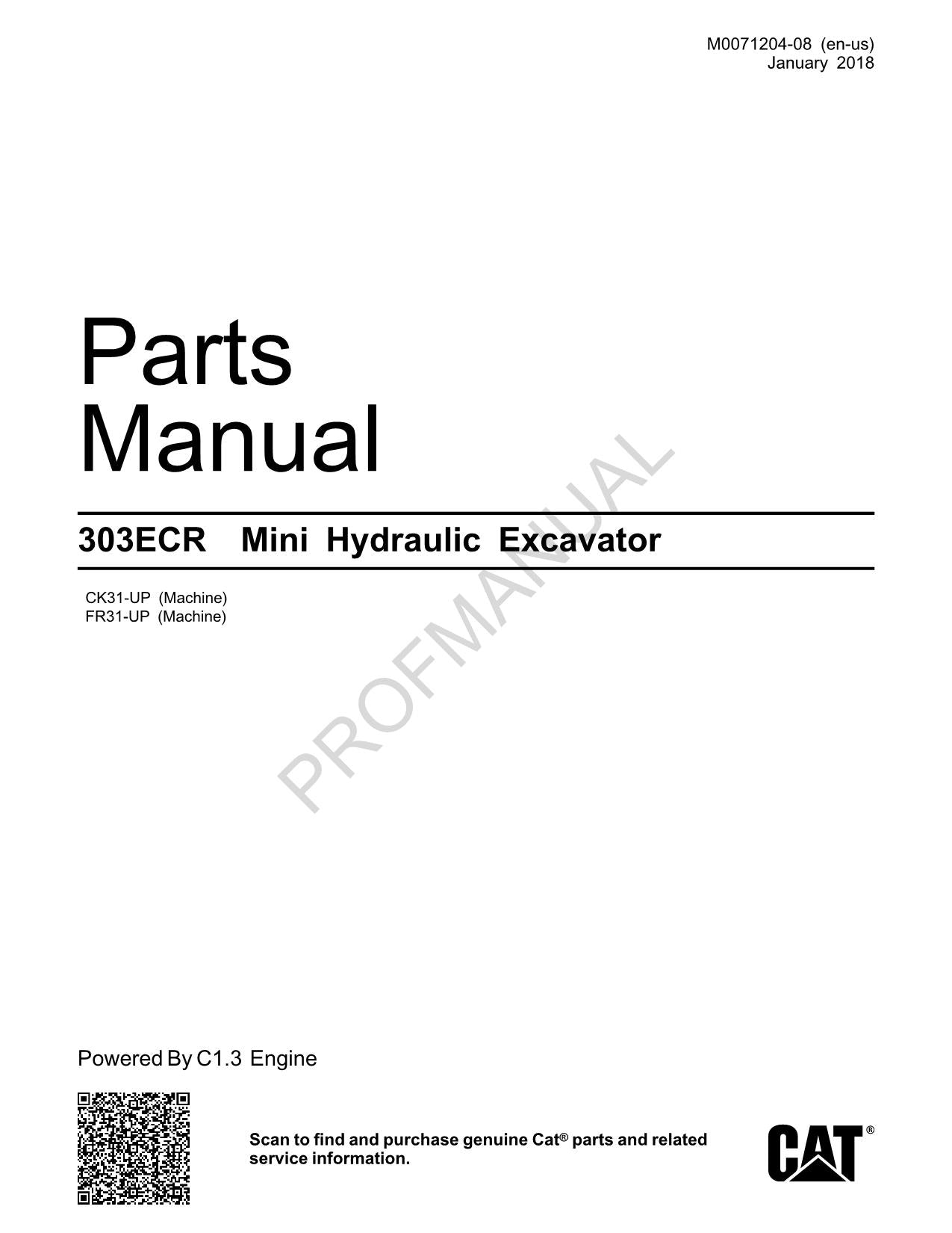 Caterpillar Cat 303ECR Mini Hydraulic Excavator Parts Catalog Manual