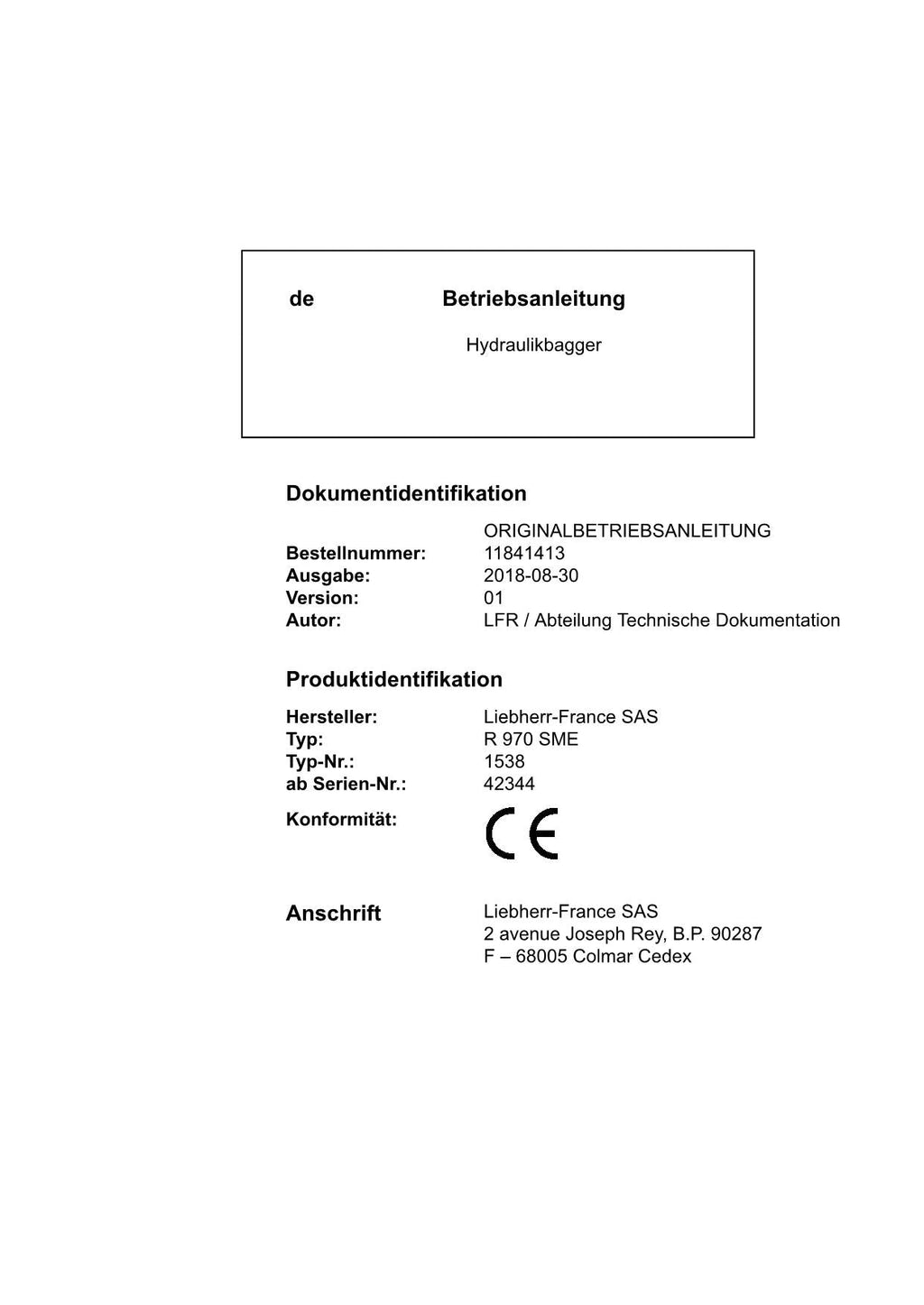 Liebherr R970 SME Hydraulikbagger Betriebsanleitung ser 42344