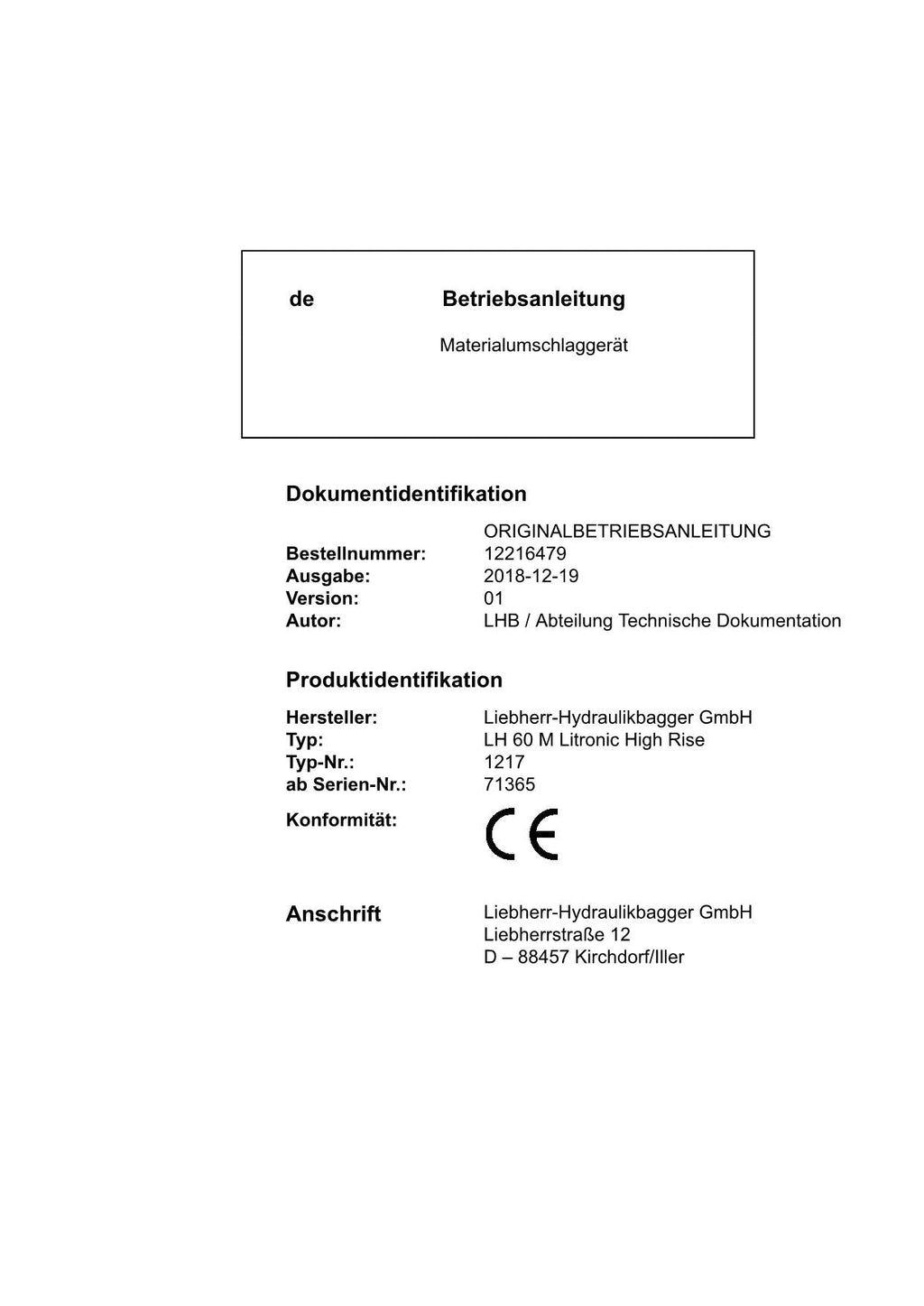 Liebherr LH60 M Litronic High Rise Materialumschlaggerät Betriebsanleitung