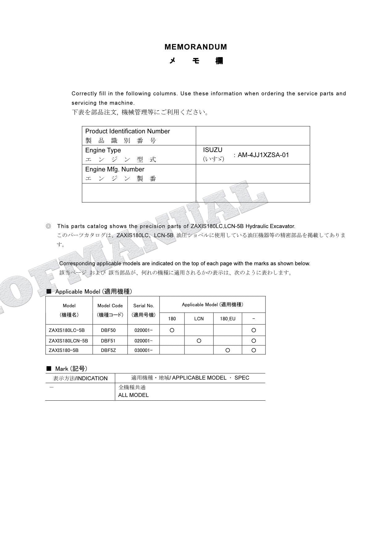 Manual del catálogo de piezas de la excavadora HITACHI ZX180LC-5G ZX180LCN-5G