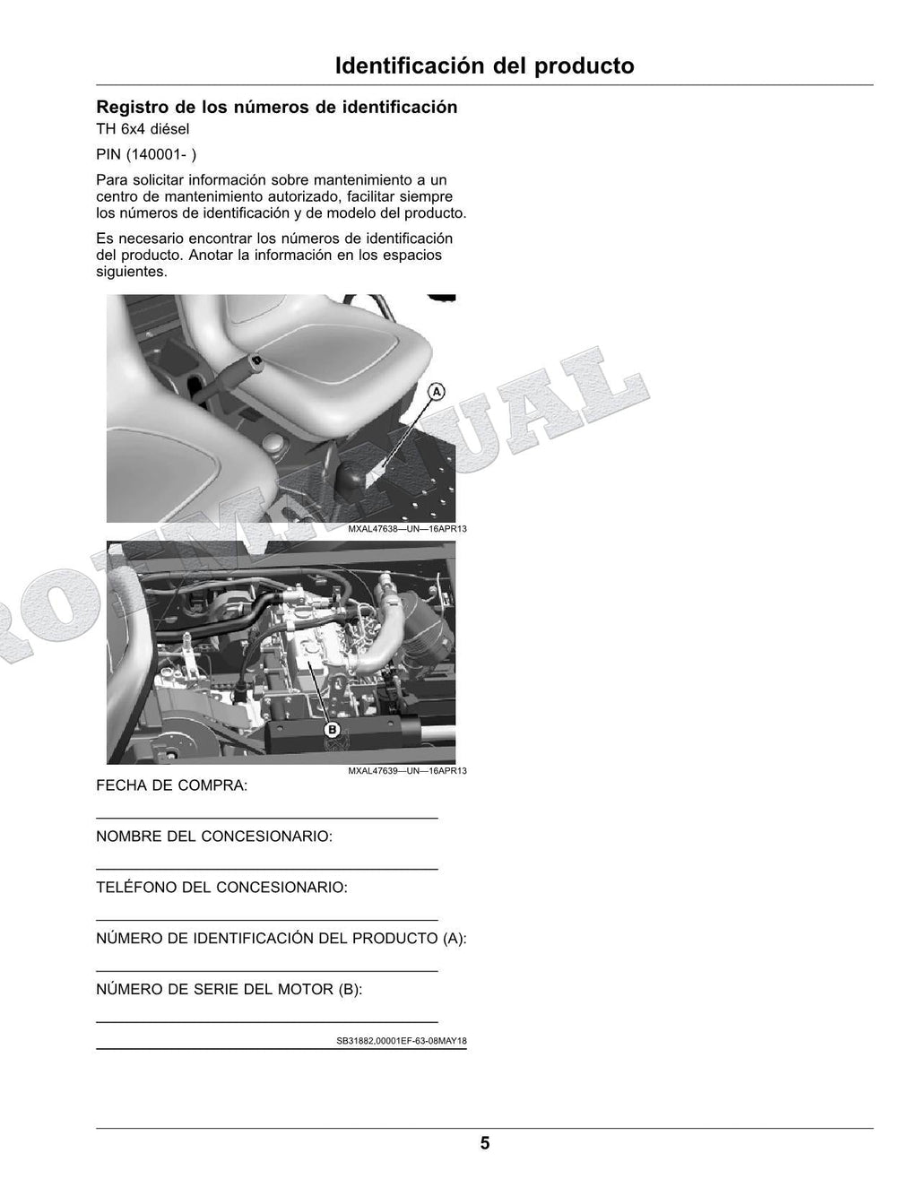 John Deere TH 6X4D cocodrilo Manual del Operador Español SN 140001-150000