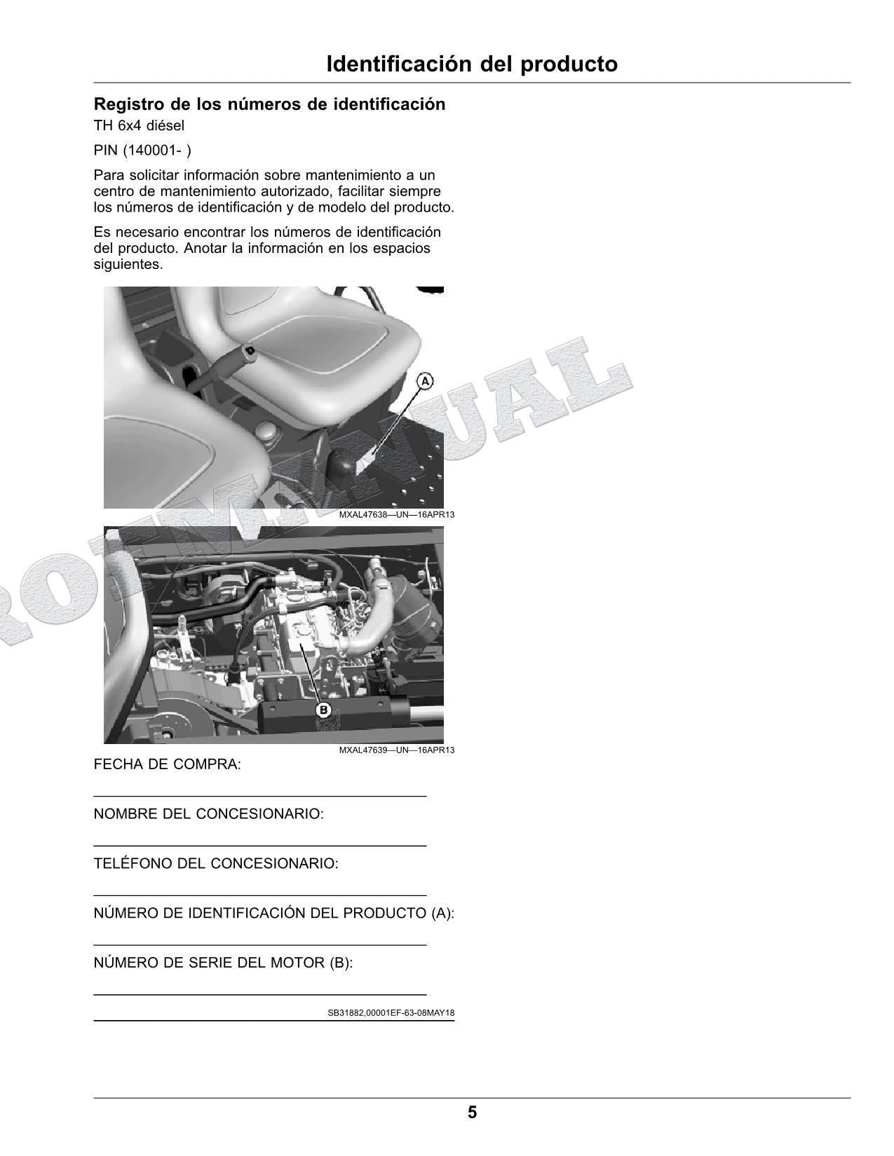 John Deere TH 6X4D cocodrilo Manual del Operador Español SN 140001-150000