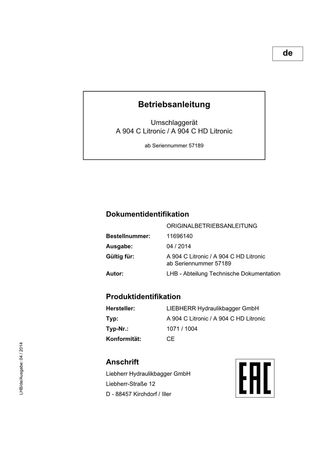 Liebherr A904 C A904 C HD Litronic Umschlaggerät Betriebsanleitung 11696140