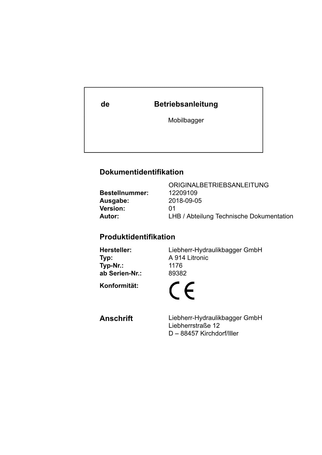 Liebherr A914 Litronic Mobilbagger Betriebsanleitung ser 89382