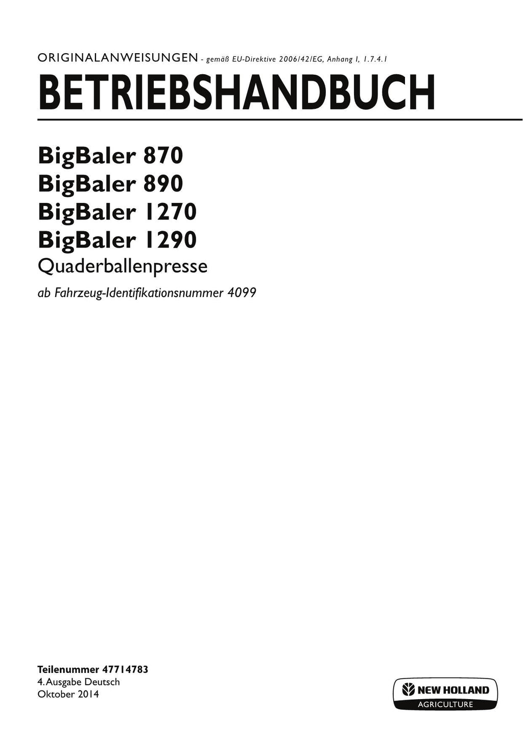 New Holland 870 890 1270 1290 Quaderballenpresse Betriebsanleitung Ab 4099