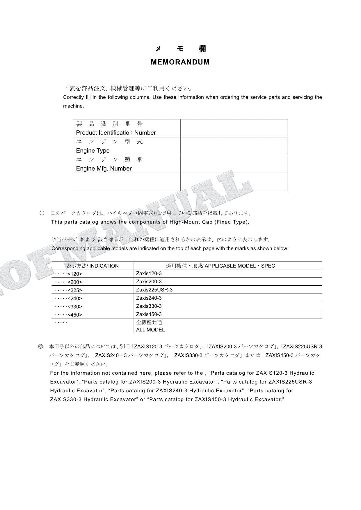 HITACHI ZX120-3 ZX200-3 Fixed High-Mount Cab Excavator Parts Catalog Manual