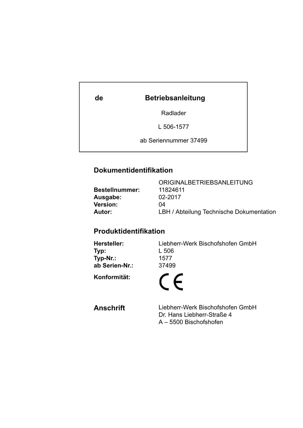 Liebherr L506 Radlader Betriebsanleitung ser 37499