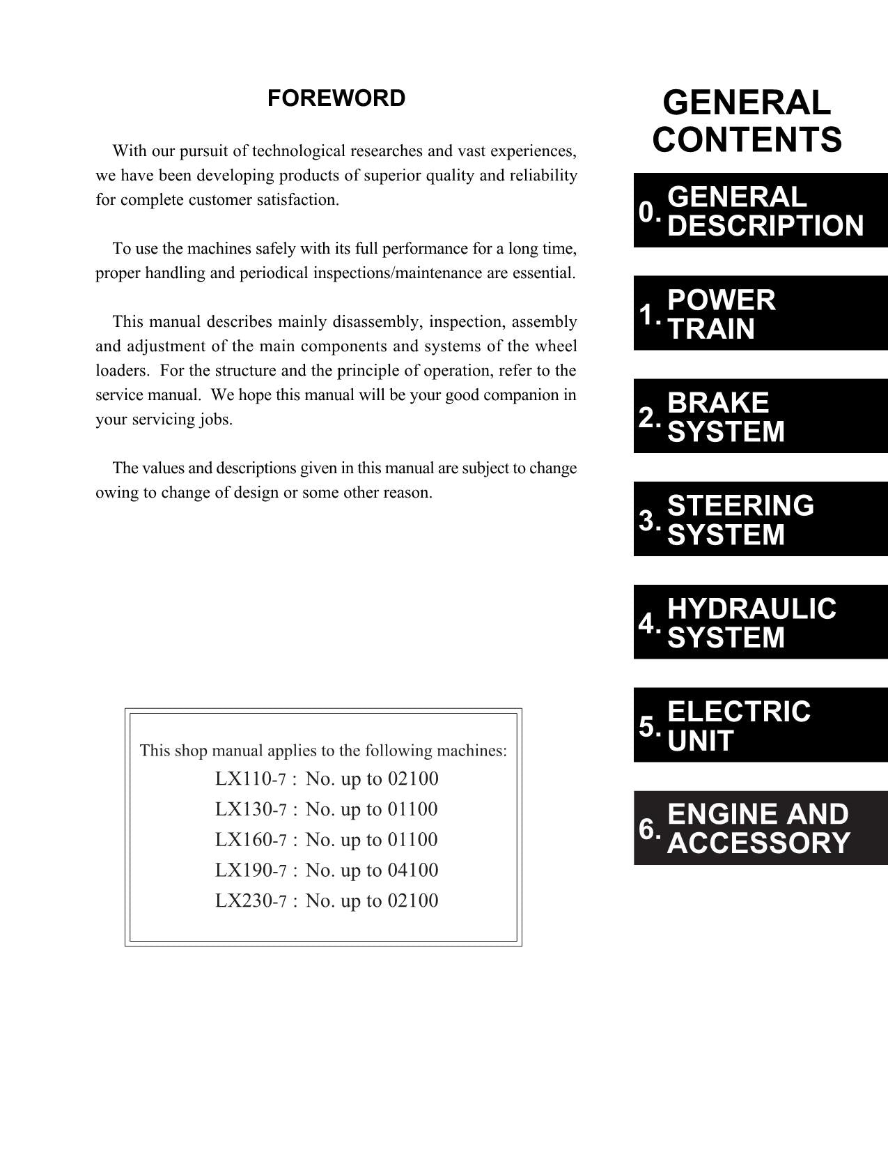 Hitachi LX110-7 LX130-7 LX160-7 LX190-7 LX230-7 Loader Workshop Manual SEND SN