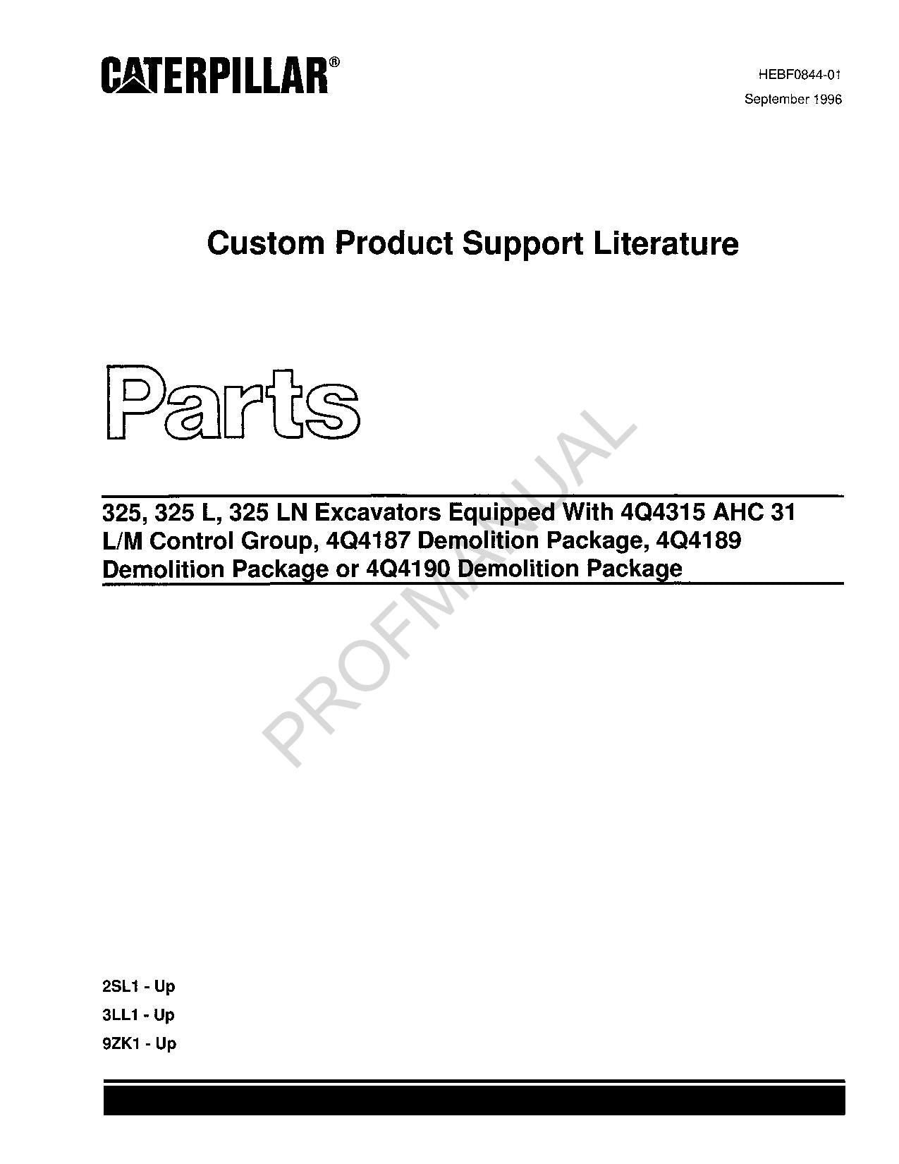 Caterpillar Cat 325 325 L 325 LN Excavator Parts Catalog Manual HEBF0844
