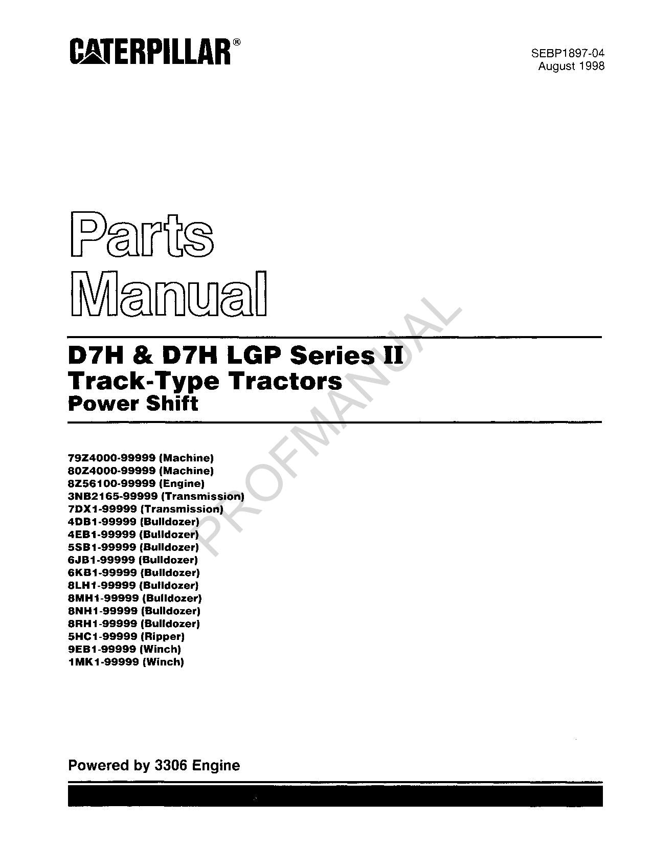 Caterpillar D7H D7H LPG Ser 2 Track Type Tractor Parts Catalog Manual SEBP1897