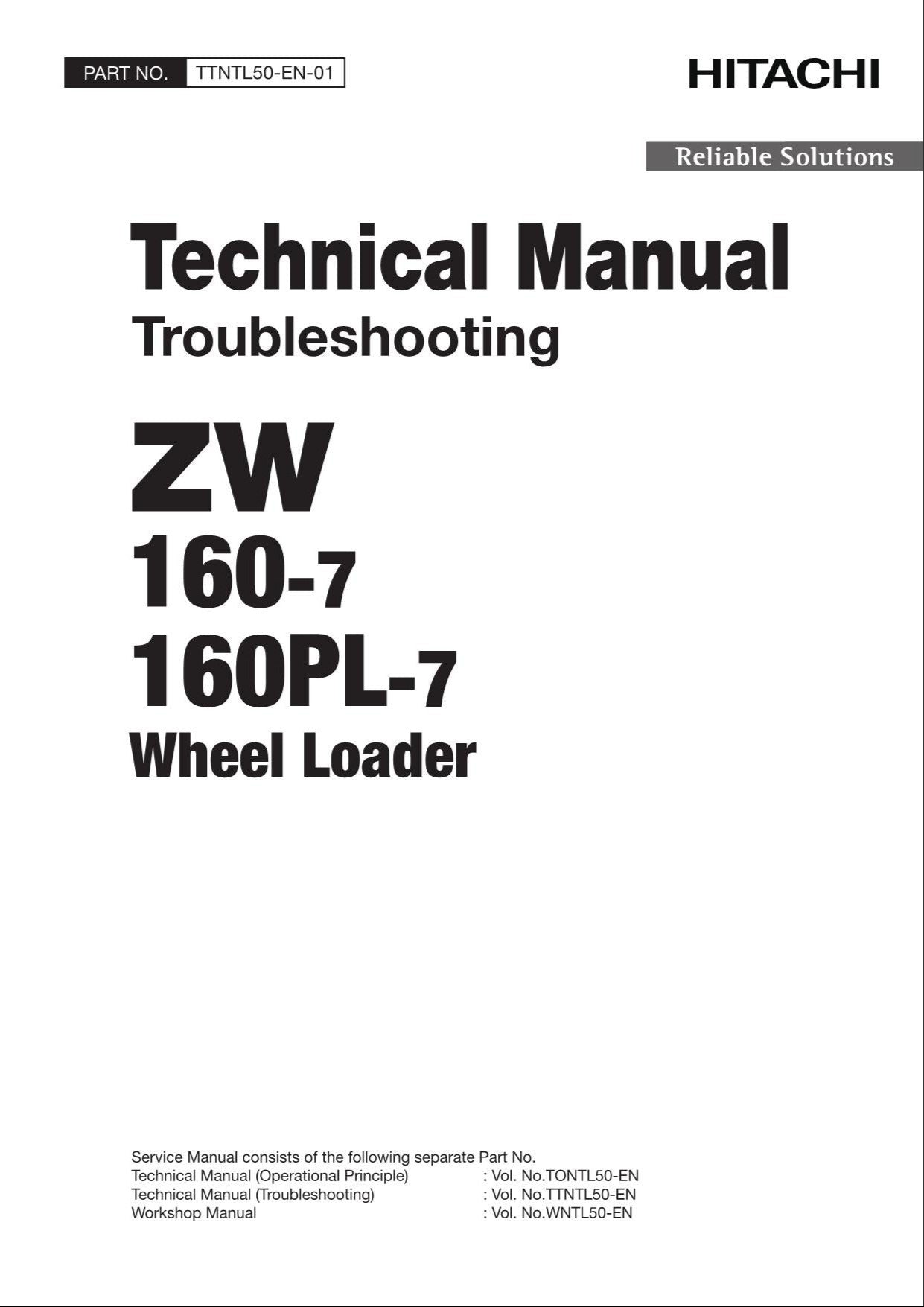 Hitachi ZW160-7 ZW160PL-7 Wheel Loader Tech Manual Troubleshooting +Schematics