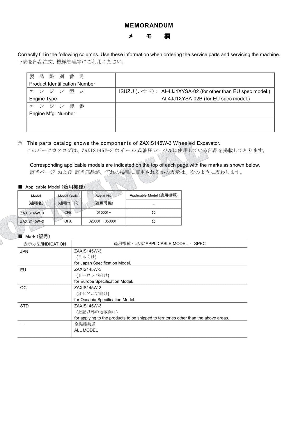 HITACHI ZAXIS ZX145W-3 Excavator Parts Catalog Manual
