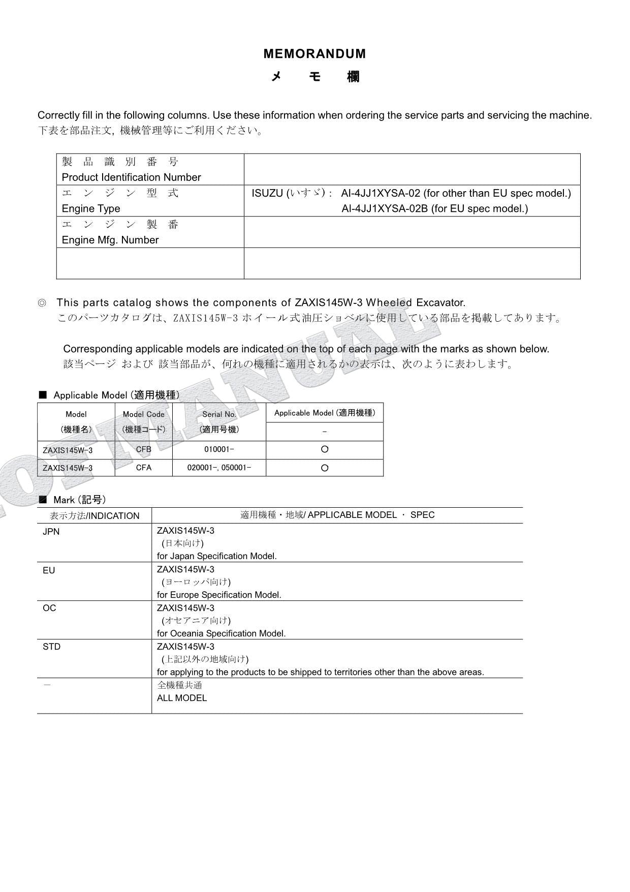 HITACHI ZAXIS ZX145W-3 Excavator Parts Catalog Manual
