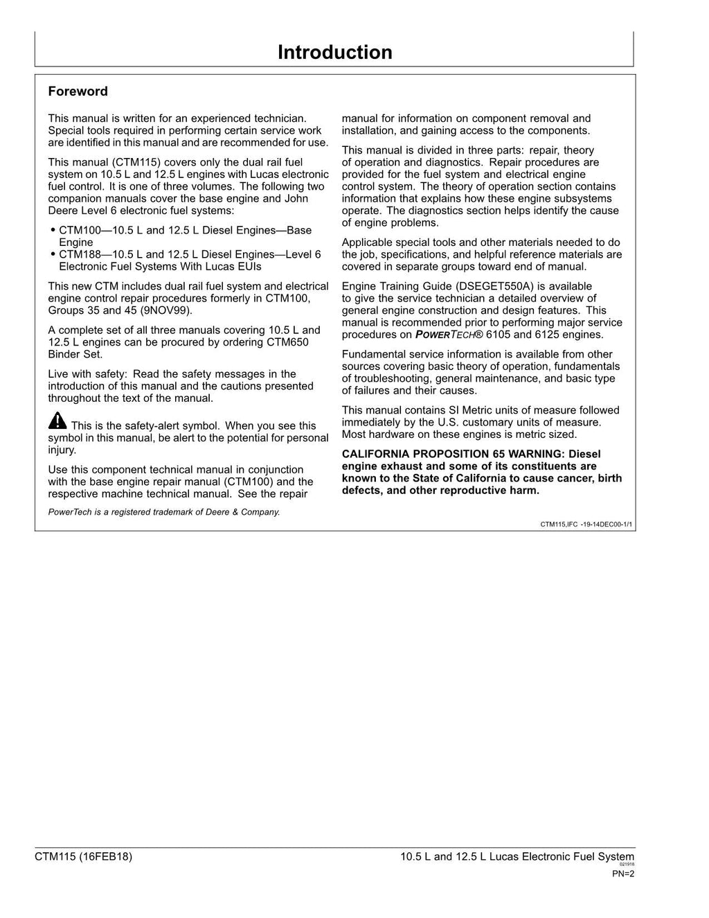 John Deere 6105L PowerTech 10.5 L 12.5 L Engine Fuel System Service Manual