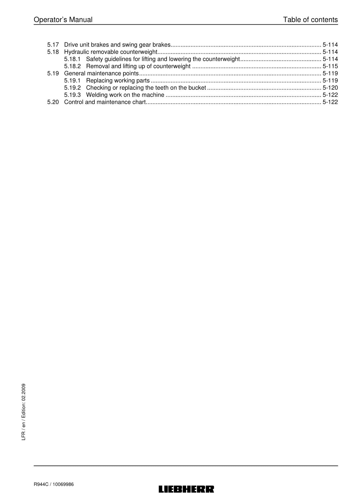 Liebherr R944 C Excavator Operators manual serial 22915